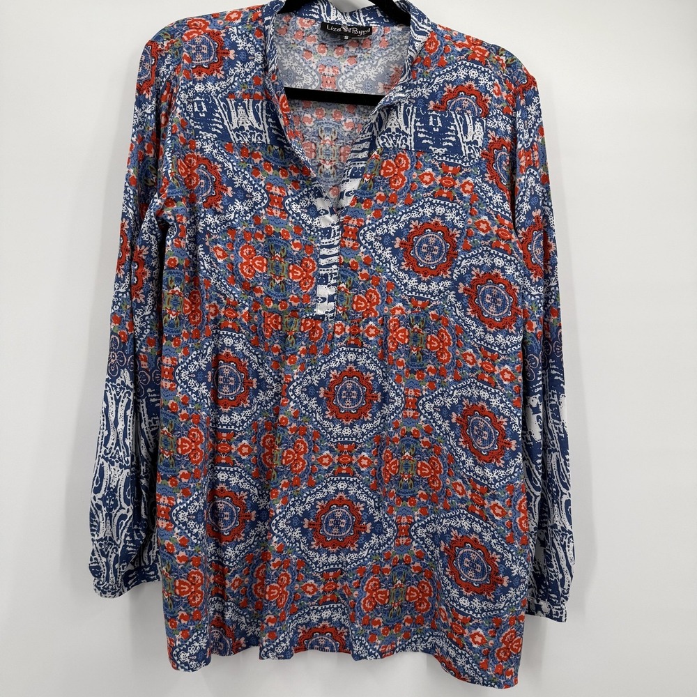 Liza Byrd Blouse Womens‎ Small Multicolor Floral Henley Long Sleeve Tunic Top
